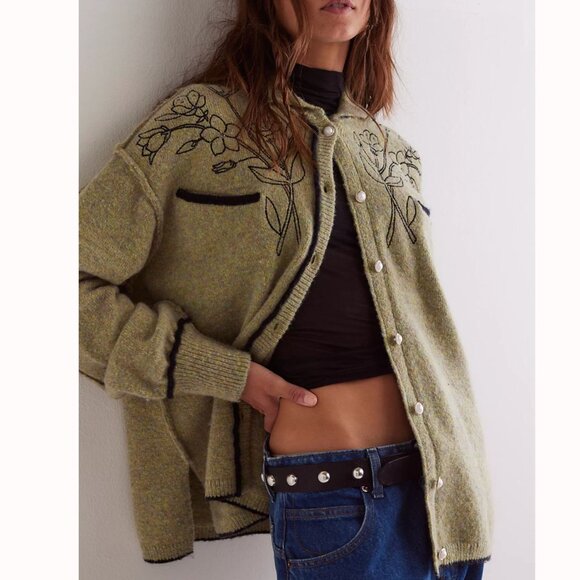 Free People We The Free Wildflower Cardi Embroidered Cardigan Sweater L - Picture 2 of 10